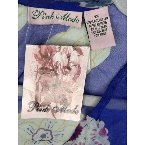 Pink Mode Kimono Tunic Top Womens 1X Blue Floral Sheer Tie Back Cover Up Boho - Picture 10 of 15